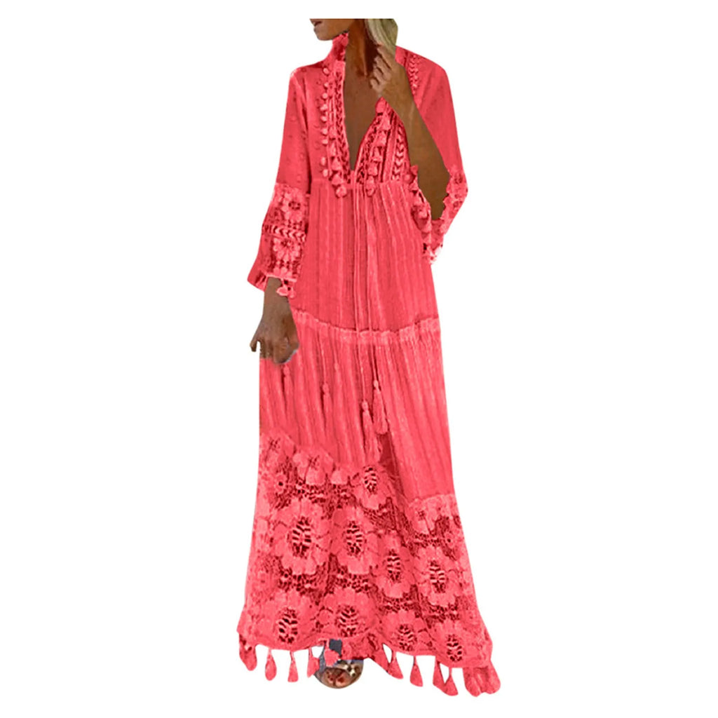 Ladies Bohemian V-Neck Tassel Large Size Casual Dress Women Lace Solid Fashion Dress Elegant Robe Boho Holiday Long Dress