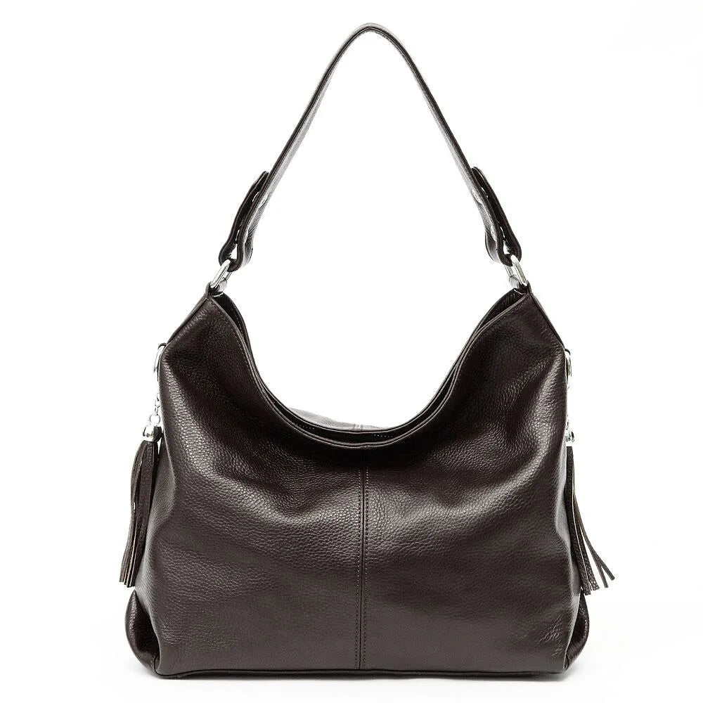Elegant Beige Women Genuine Leather Handbag Hobo Bag Fashion Crossbody Tassel Big Capacity Shopper Tote Purse Sac Hot Sale