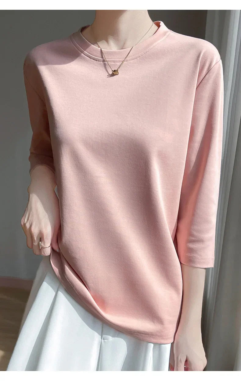Mercerized Cotton Cropped Sleeve Female Spring And Summer 2023 New Round Neck Loose 100% Cotton Short Sleeve Bottoming T-Shirt