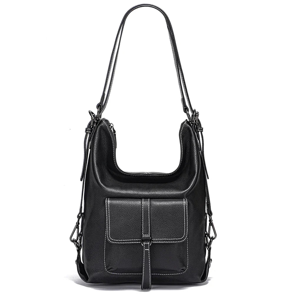Stylish Women Shoulder Bag 100% Genuine Leather Large Capacity Handbag Multifunction Satchel Bag Backpack Brown 2 in 1 Bag