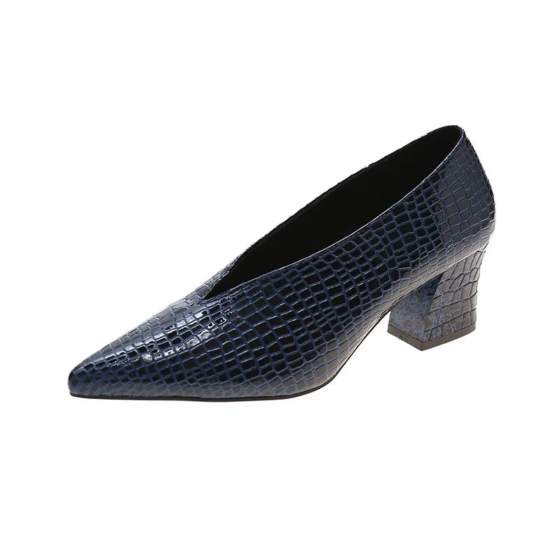 Vintage black Soft Leather Shallow Pointed Toe Thick Heel Women's Flats 2024 New Spring Summer High Heel Versatile High Shoes