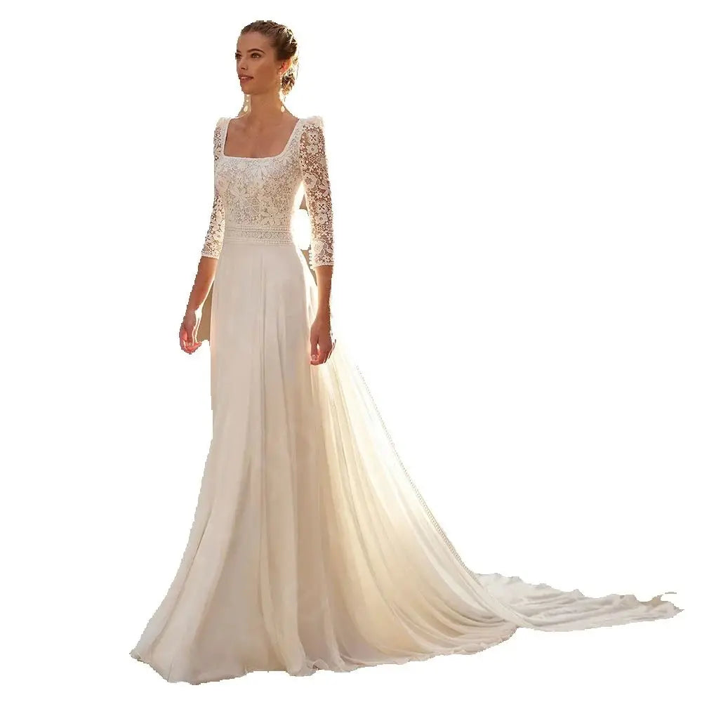 Customized Classic Wedding Dresses 2025 Lace Bridal Gowns Square Neckline Bride Dresses 3/4 Sleeves Wedding Gowns Cut Out Back