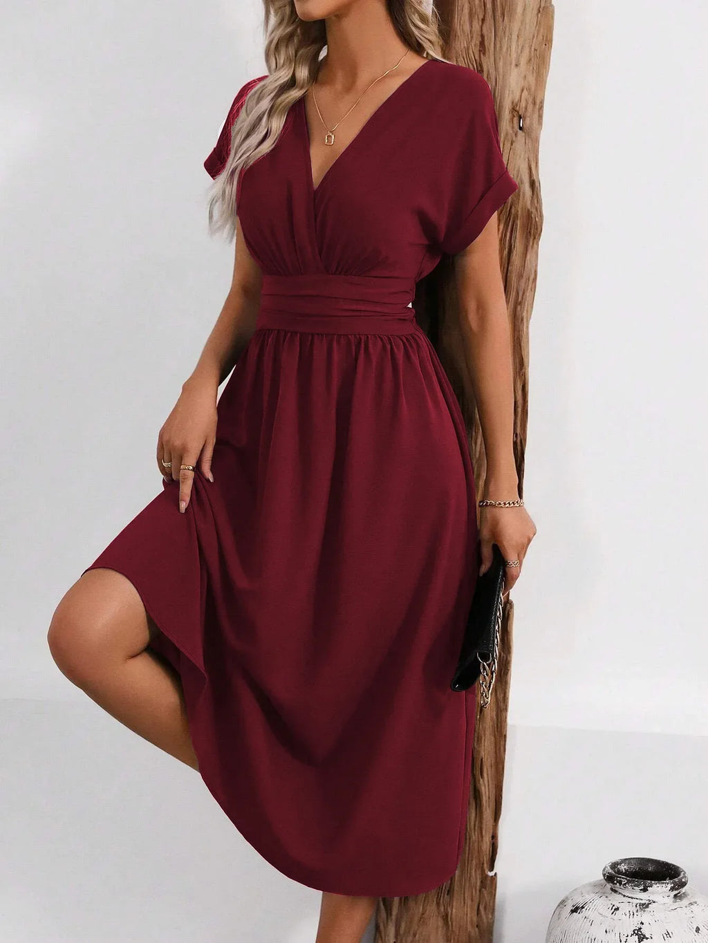 Dresses 2027 Woman Summer Solid-Color V-Neck Batwing-Sleeve Pleated Long Elegant Dress Woman Clothing Tops Skirts Y2k Clothes