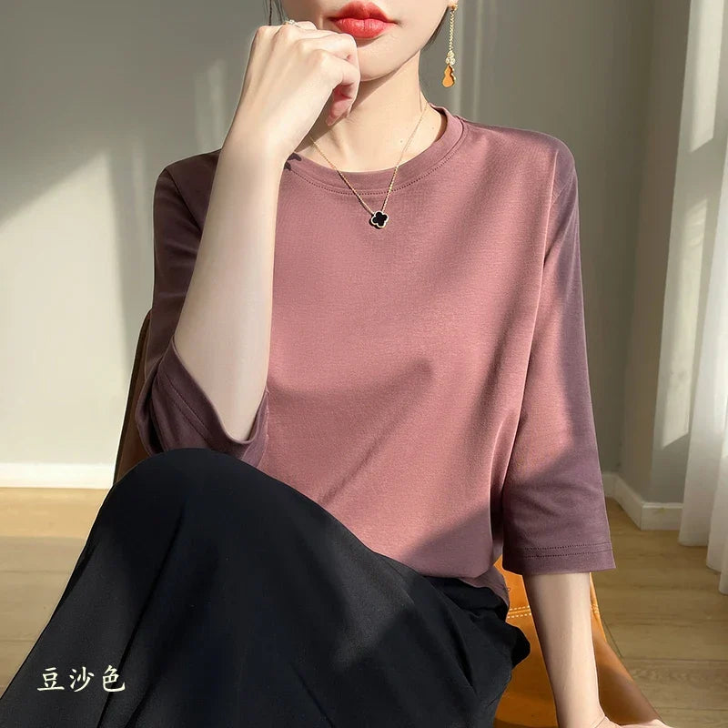 Mercerized Cotton Cropped Sleeve Female Spring And Summer 2023 New Round Neck Loose 100% Cotton Short Sleeve Bottoming T-Shirt
