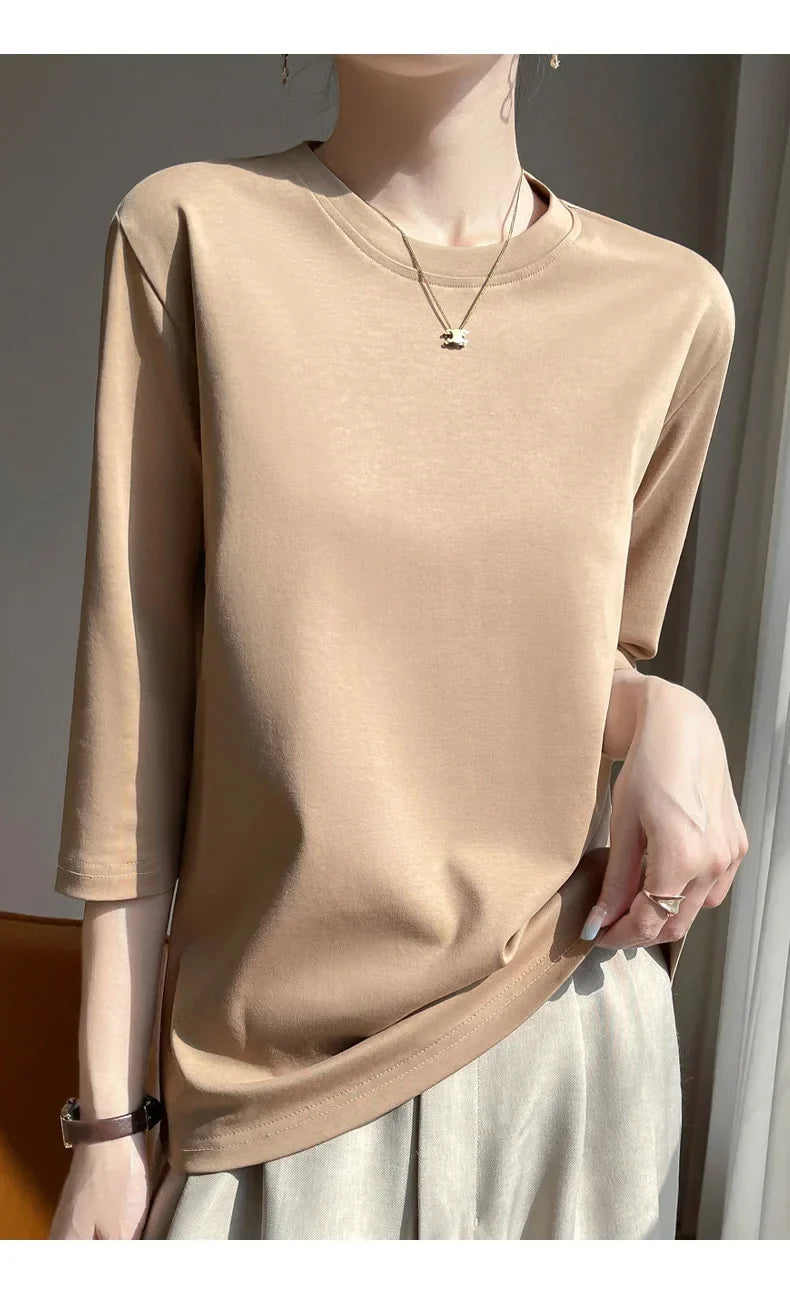 Mercerized Cotton Cropped Sleeve Female Spring And Summer 2023 New Round Neck Loose 100% Cotton Short Sleeve Bottoming T-Shirt