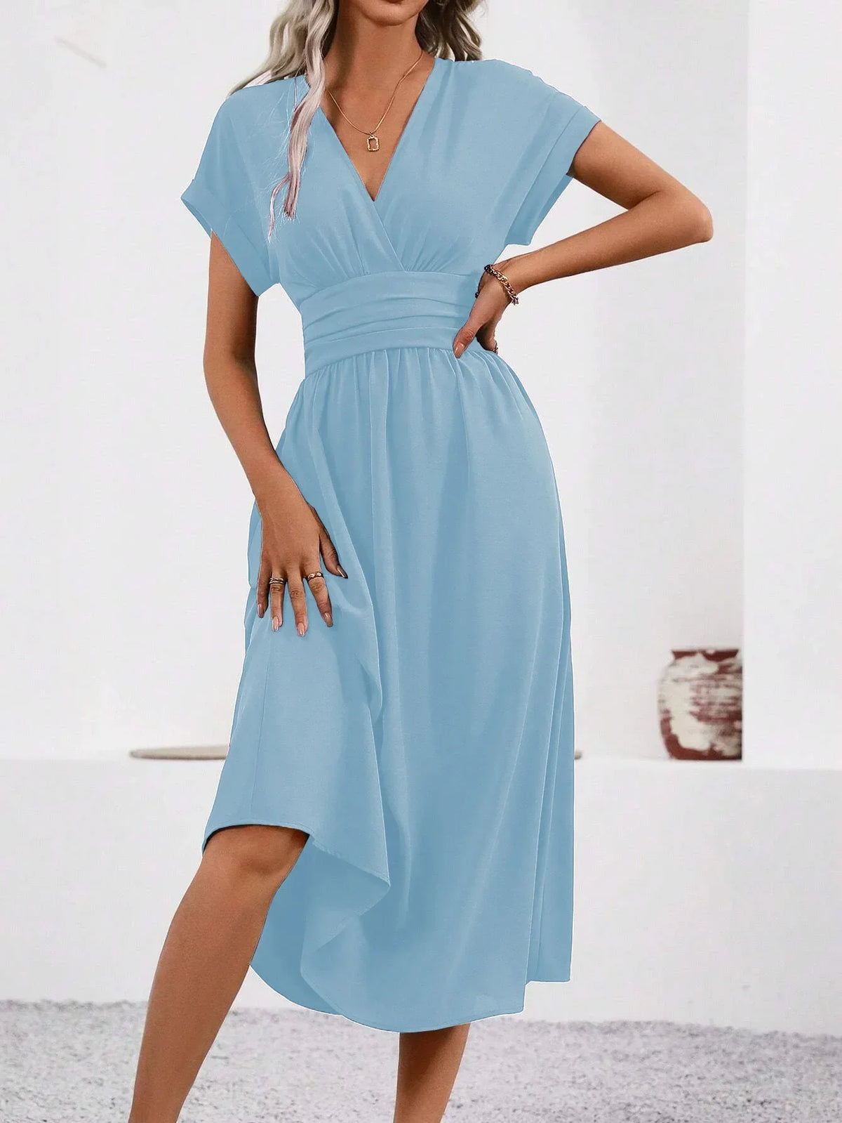 Dresses 2027 Woman Summer Solid-Color V-Neck Batwing-Sleeve Pleated Long Elegant Dress Woman Clothing Tops Skirts Y2k Clothes