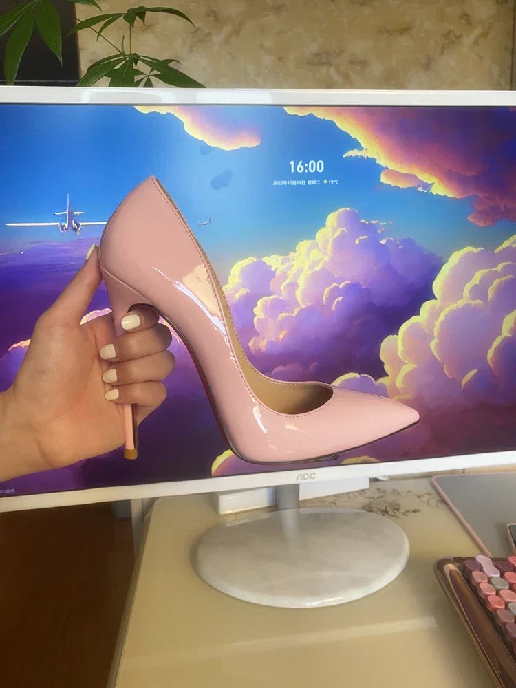 Multi color customized 12cm super high heels, nude white patent leather, sexy red sole, pointed thin single order shoes