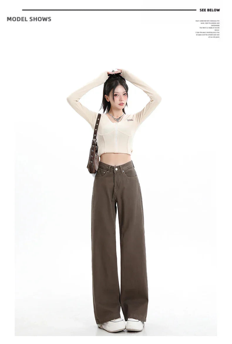 Baggy High Street Fashion Straight brown Jeans for Women's Y2k High Waist Female Clothing Solid Color Casual Wide Denim Trousers
