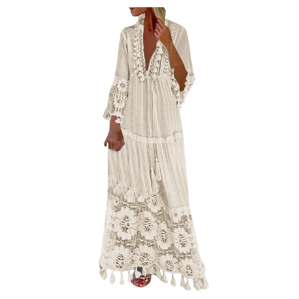 Ladies Bohemian V-Neck Tassel Large Size Casual Dress Women Lace Solid Fashion Dress Elegant Robe Boho Holiday Long Dress