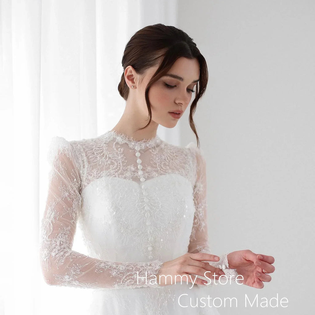 Saudi Arab Wedding Dress Customized Long Sleeve Illusion Sequined Lace Court Train Bridal Gown Robe De Mariage Bride Dresses