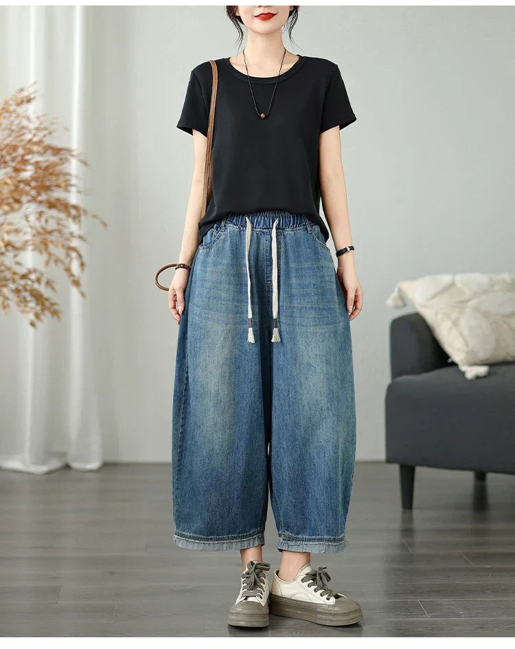 Casual High Waist Wide Leg Jeans Women's Loose Fit Slimming Summer Thin Sle Lantern Pants  Lyocell Fabric Water Wa