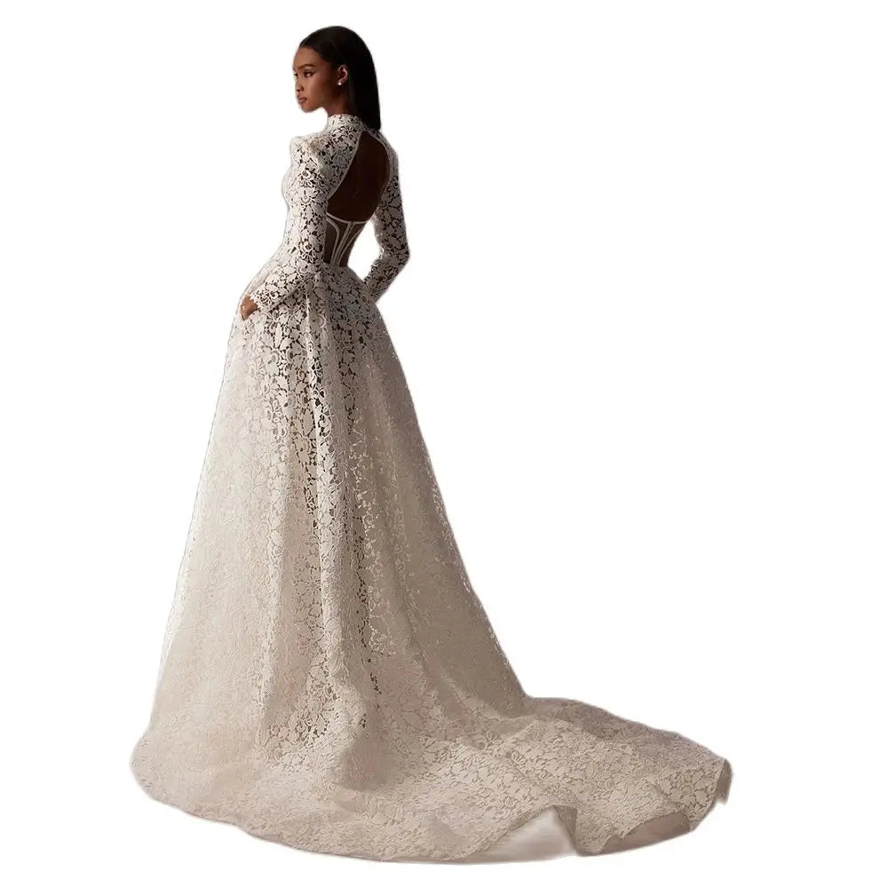 Customized Exquisite Wedding Dresses Lace High Collar Bridal Gown Long Sleeves Wedding Gown Back Out Robe de mariée 2024 Cut Out