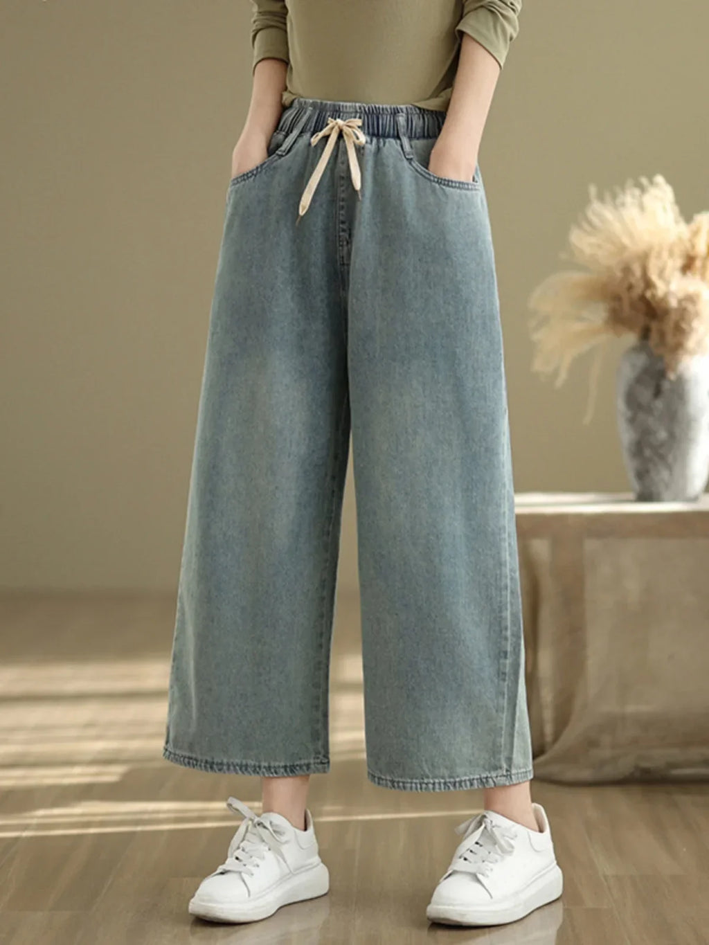 Artistic Wide Leg Denim Jeans Women's Loose Fit Nine-Piece Vintage Slim Straight Cut Trousers Spring Faion Elastic Waist