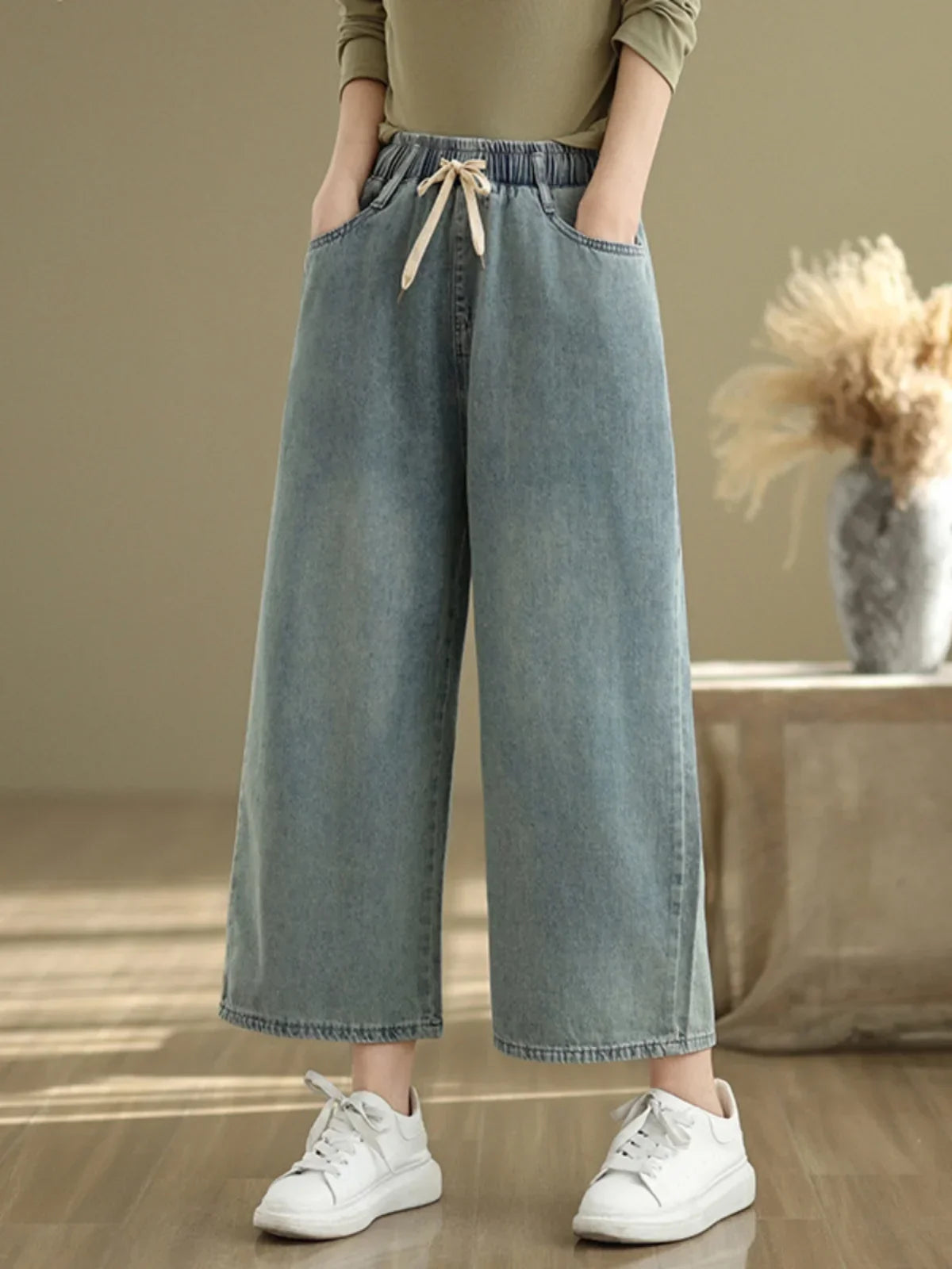 Artistic Wide Leg Denim Jeans Women's Loose Fit Nine-Piece Vintage Slim Straight Cut Trousers Spring Faion Elastic Waist