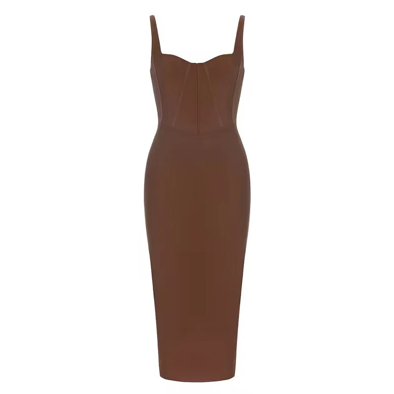 Dark Brown Long Dress Strap Sleeveless Bodycon Bandage Dress Sexy Fashion Women's Summer Celebrity Evening Party Dress Vestidos