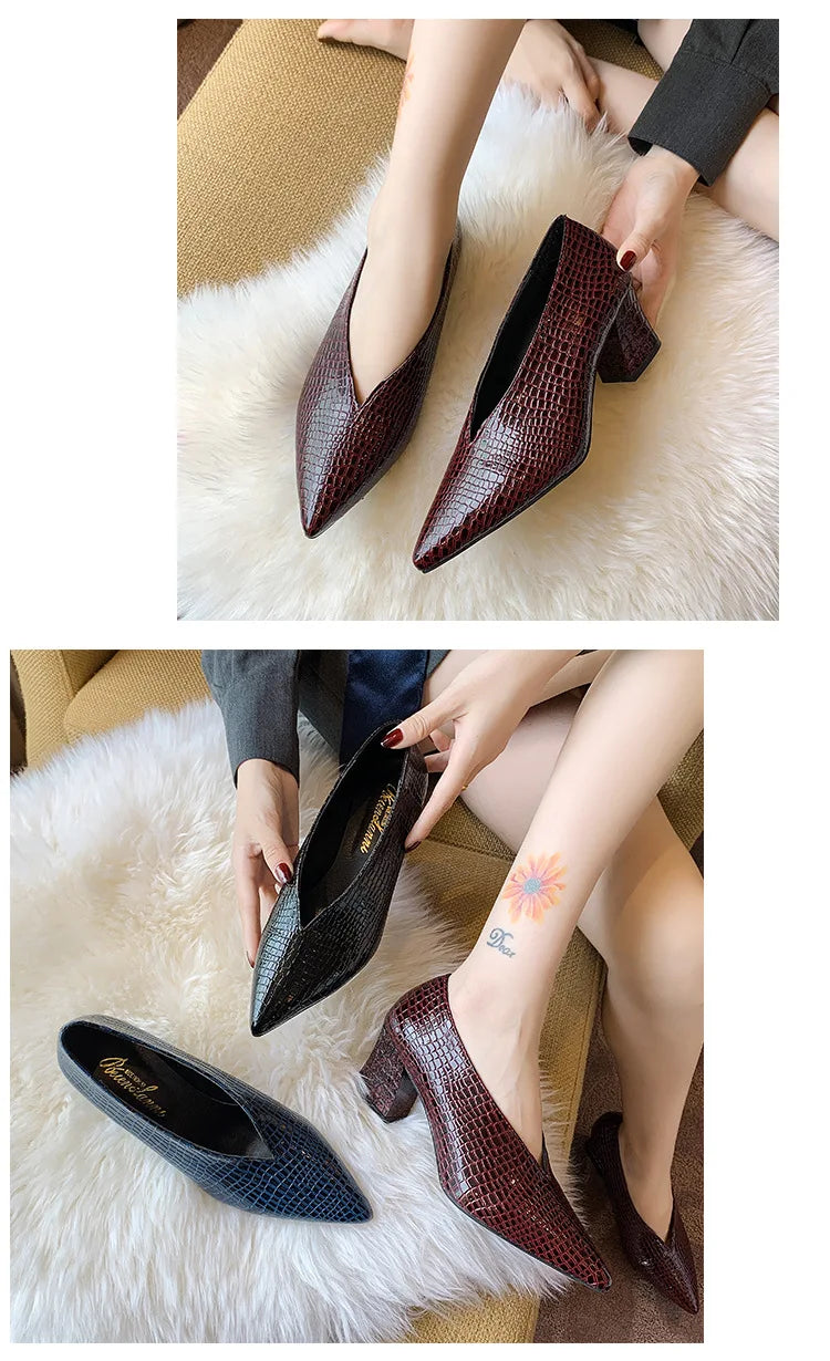 Vintage black Soft Leather Shallow Pointed Toe Thick Heel Women's Flats 2024 New Spring Summer High Heel Versatile High Shoes