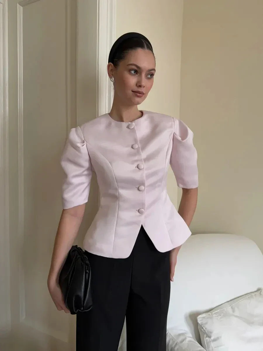 KT Elegant Satin Puff Sleeve Blouse for Women Round Neck Button Down Fitted Waist Asymmetric Hem Office & Formal Wear Tops