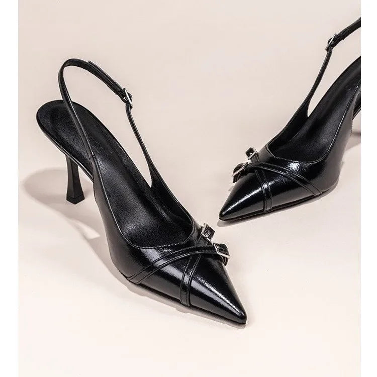 Fashionable Pointed Toe Shallow Mouth New High-heeled Shoes Summer Elegant Buckle Decorated Stiletto Black Women's Shoes NO:602