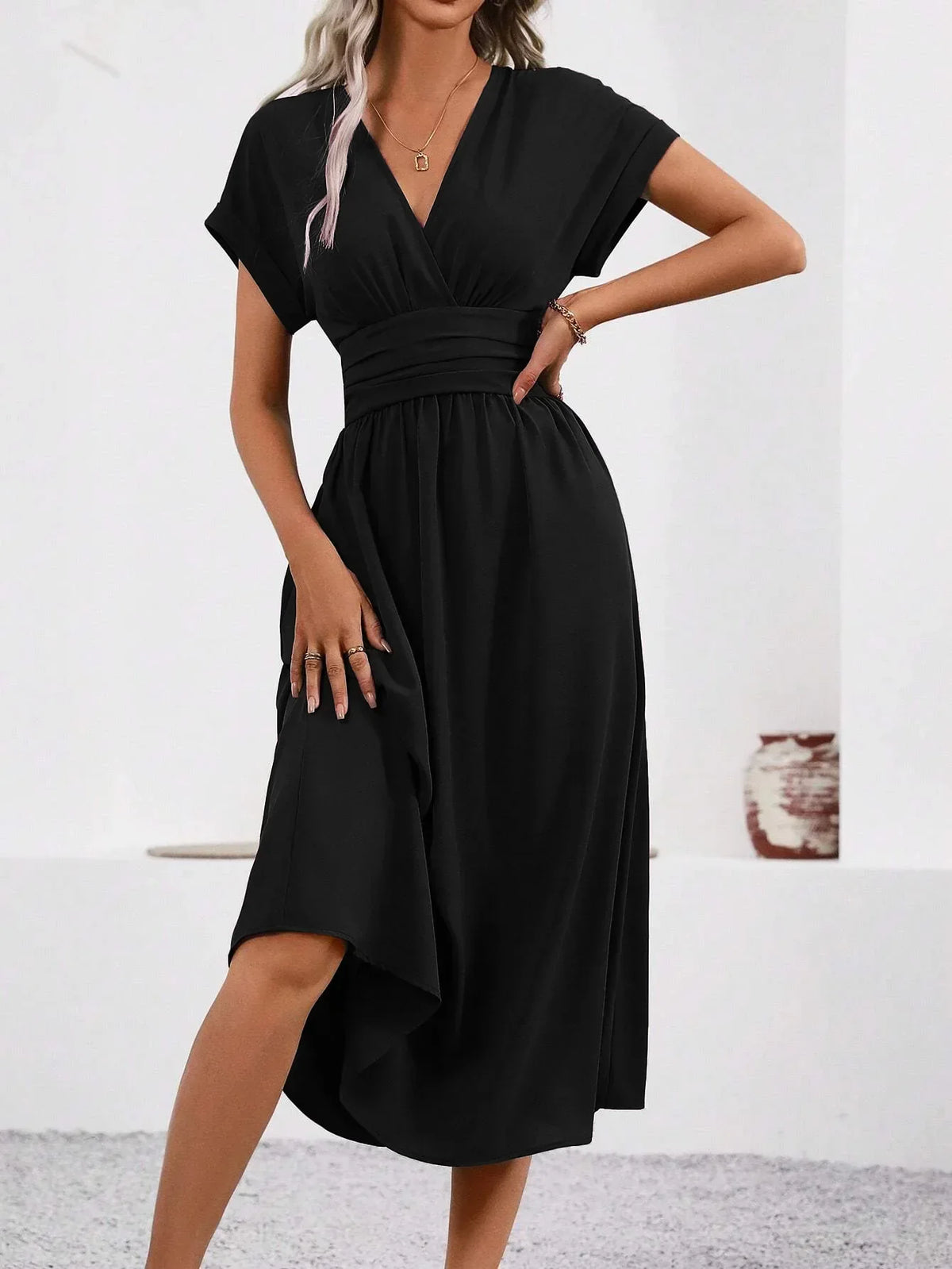 Dresses 2027 Woman Summer Solid-Color V-Neck Batwing-Sleeve Pleated Long Elegant Dress Woman Clothing Tops Skirts Y2k Clothes