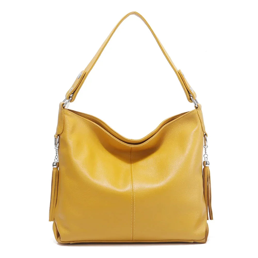Elegant Beige Women Genuine Leather Handbag Hobo Bag Fashion Crossbody Tassel Big Capacity Shopper Tote Purse Sac Hot Sale