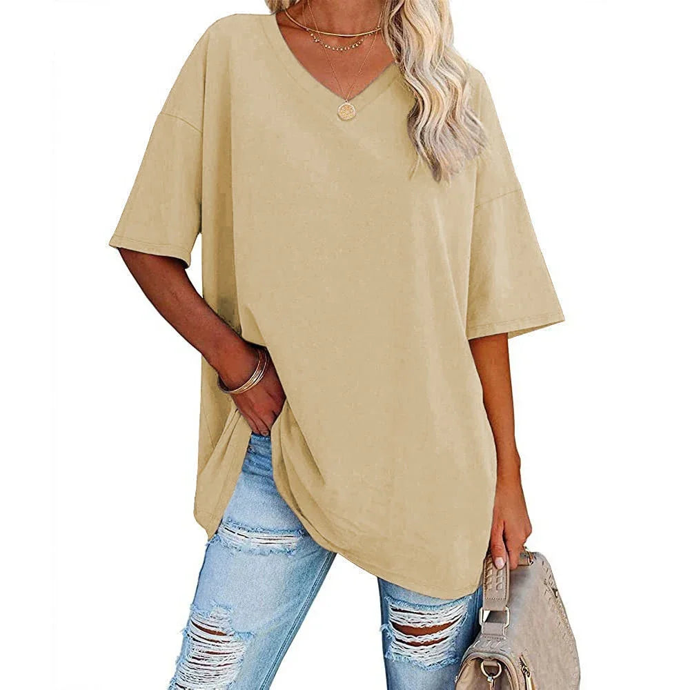 Women's Loose V-Neck Top Spring/Summer New Color Half Sleeve European American Style Clothing Amazon Foreign Trade
