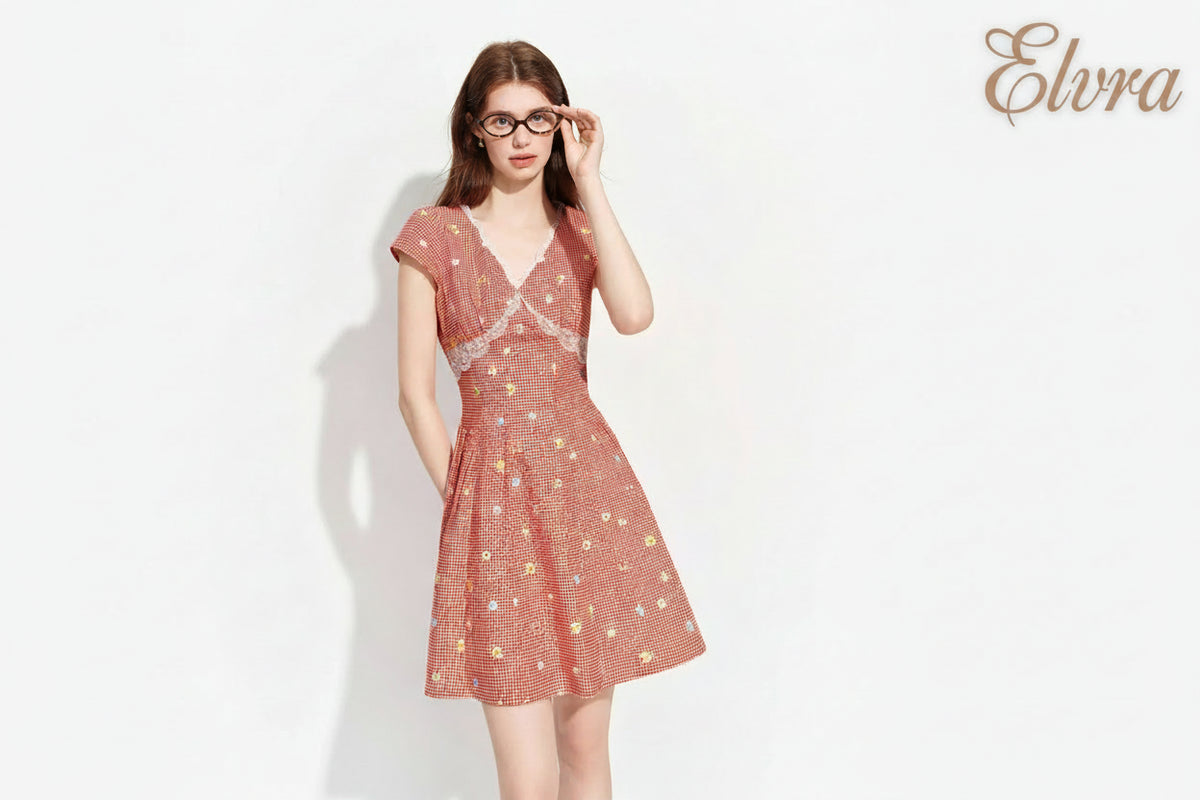Women's 2026 Summer New Arrival French Pastoral Style V-Neck Lace Spliced Embroidered Dress Openwork Floral Plaid Pattern