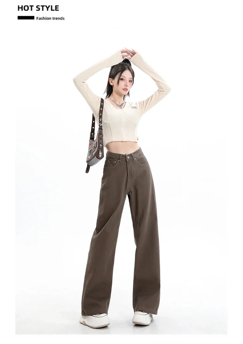 Baggy High Street Fashion Straight brown Jeans for Women's Y2k High Waist Female Clothing Solid Color Casual Wide Denim Trousers