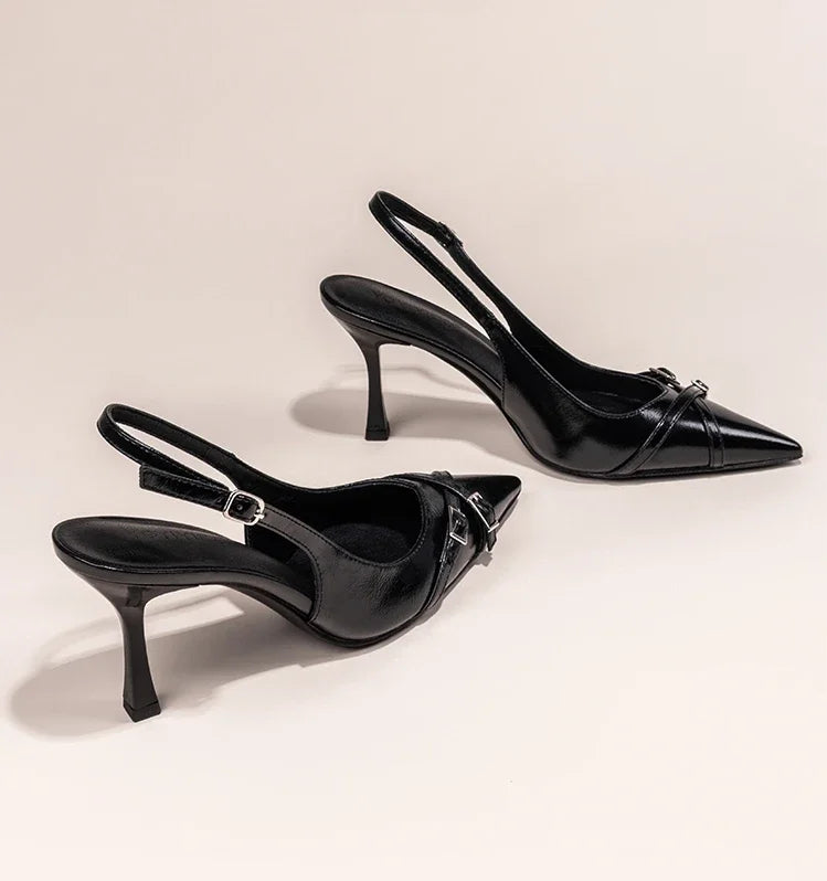Fashionable Pointed Toe Shallow Mouth New High-heeled Shoes Summer Elegant Buckle Decorated Stiletto Black Women's Shoes NO:602