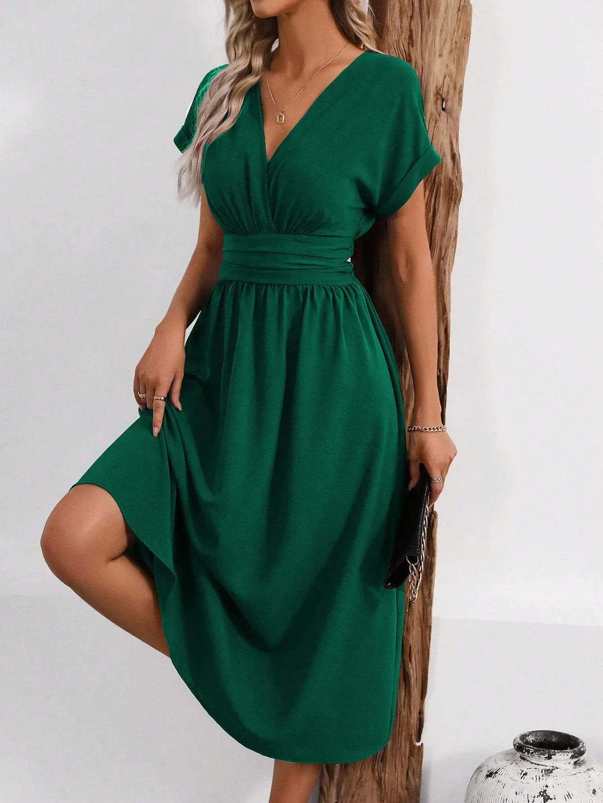 Dresses 2027 Woman Summer Solid-Color V-Neck Batwing-Sleeve Pleated Long Elegant Dress Woman Clothing Tops Skirts Y2k Clothes