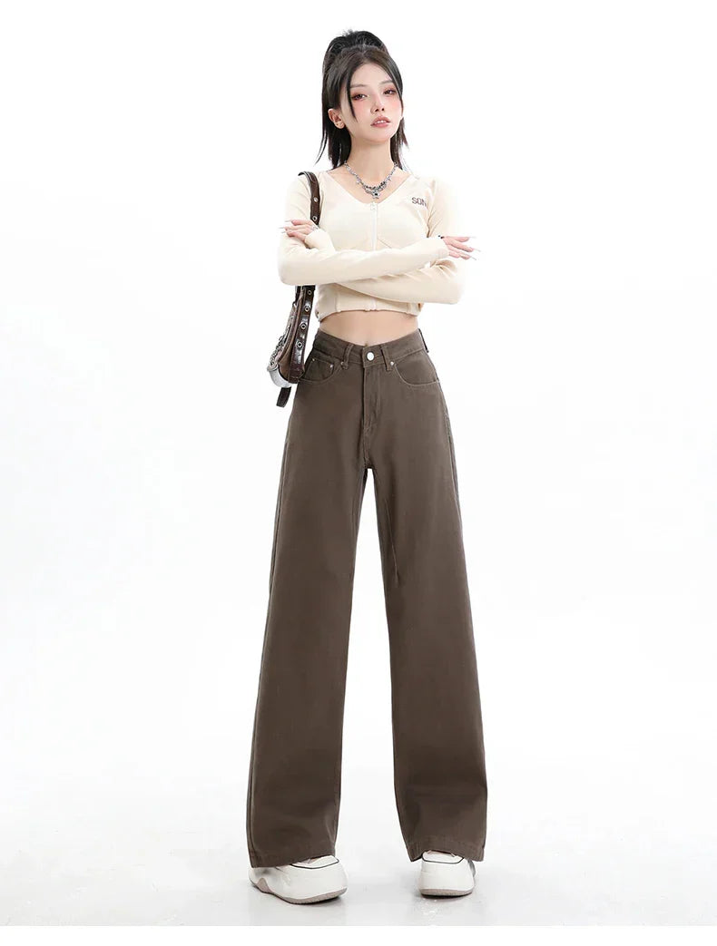 Baggy High Street Fashion Straight brown Jeans for Women's Y2k High Waist Female Clothing Solid Color Casual Wide Denim Trousers
