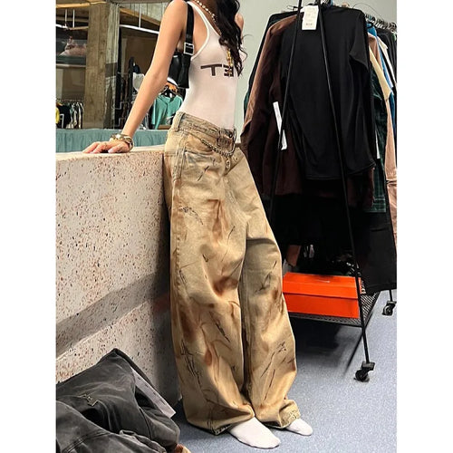 American High Street Aalyptic Sle Dyed Jeans Women's plus Size Dir Sexy Girl Vintage Waed Floor-Length Pants