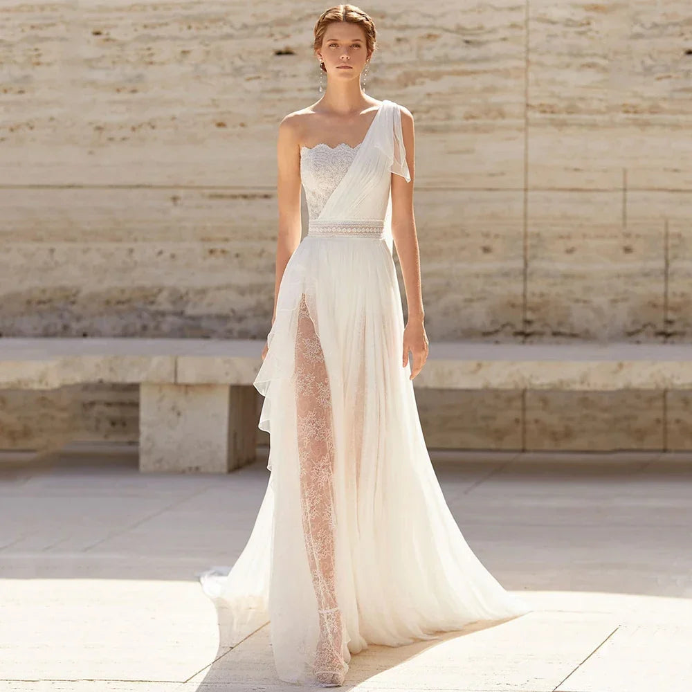 Elegant Boat Neck One Shoulder Wedding Dress Boho Chiffon Lace Irregular Floor Length Bride Beach Customized Summer Bohemia Gown