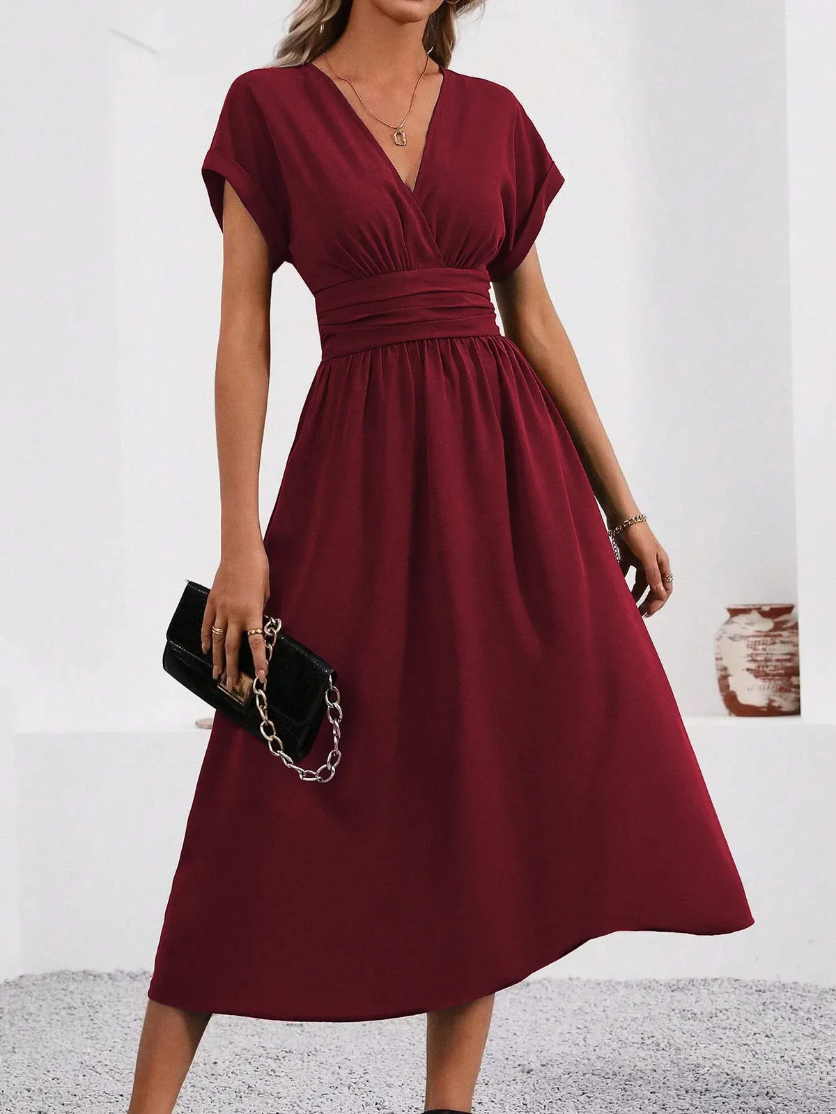 Dresses 2027 Woman Summer Solid-Color V-Neck Batwing-Sleeve Pleated Long Elegant Dress Woman Clothing Tops Skirts Y2k Clothes