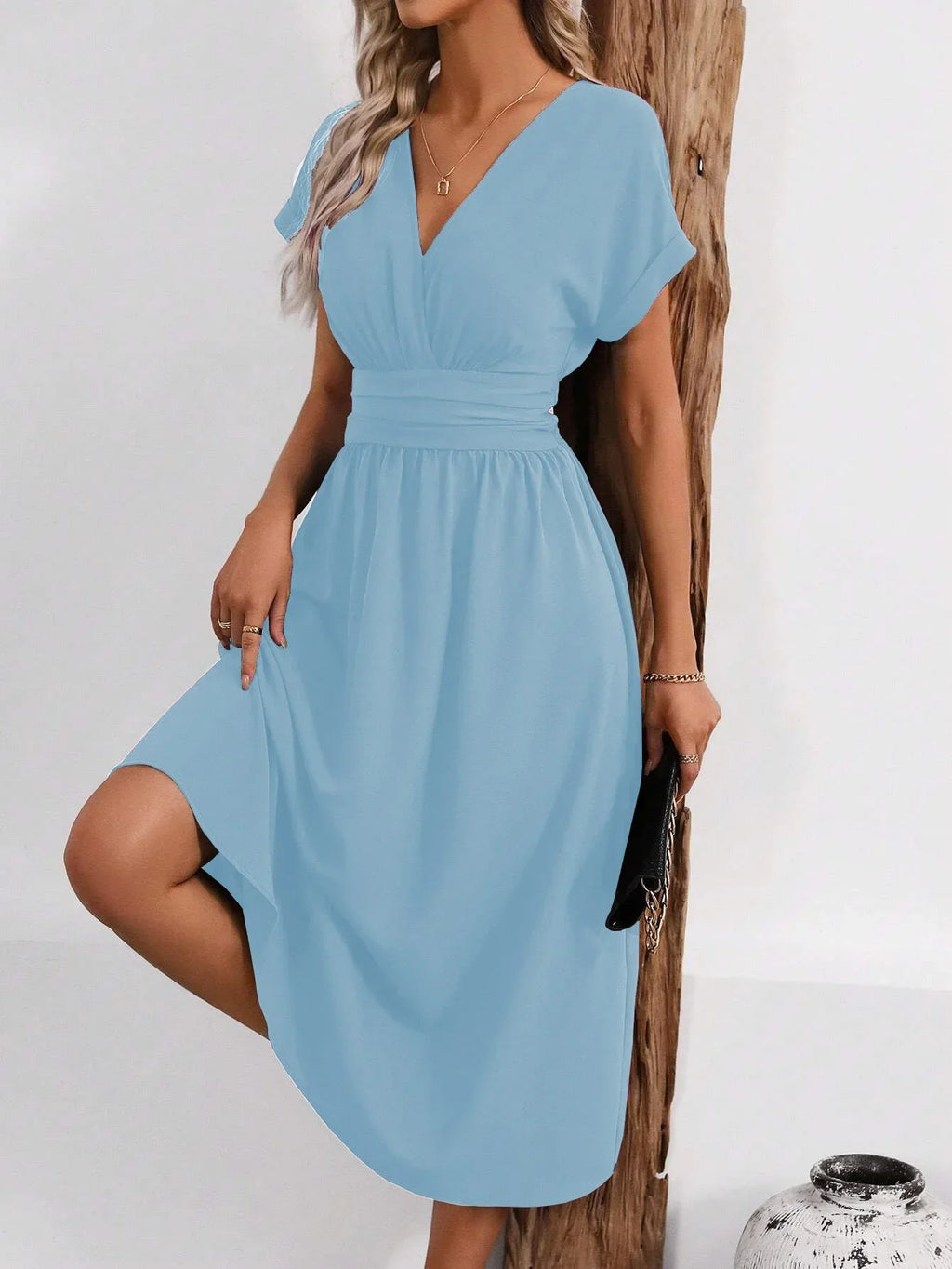 Dresses 2027 Woman Summer Solid-Color V-Neck Batwing-Sleeve Pleated Long Elegant Dress Woman Clothing Tops Skirts Y2k Clothes