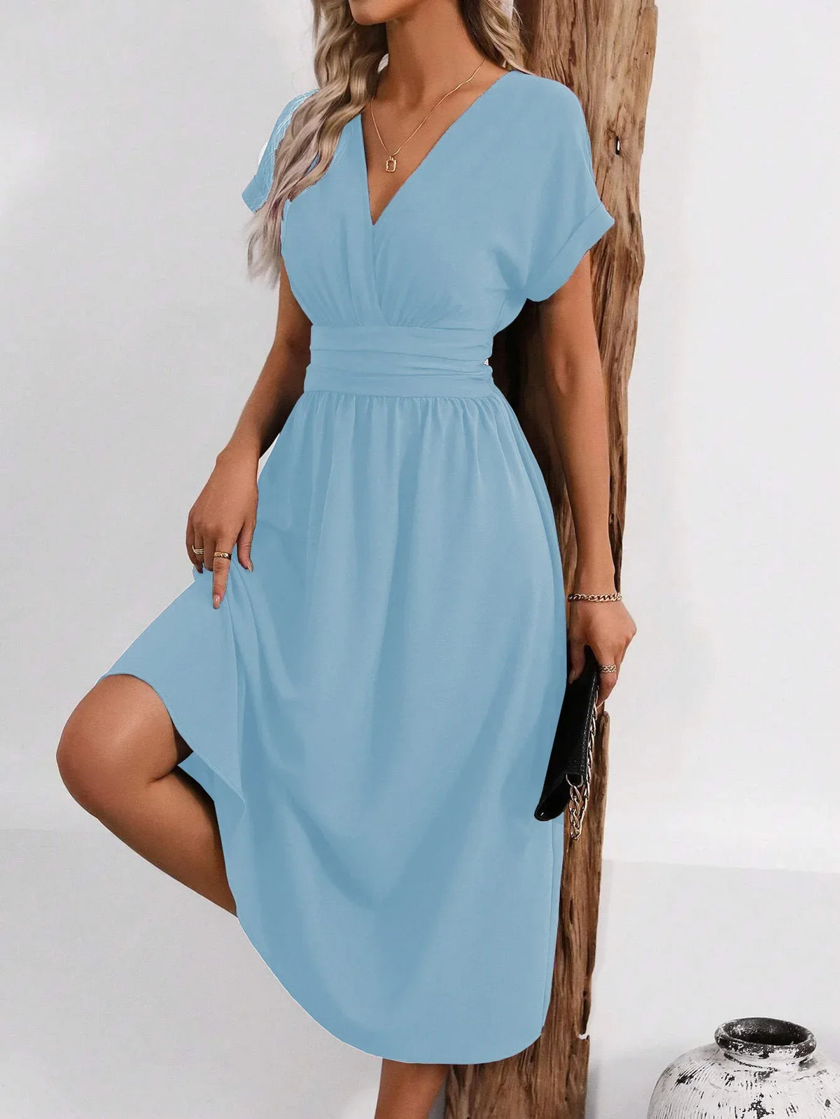 Dresses 2027 Woman Summer Solid-Color V-Neck Batwing-Sleeve Pleated Long Elegant Dress Woman Clothing Tops Skirts Y2k Clothes