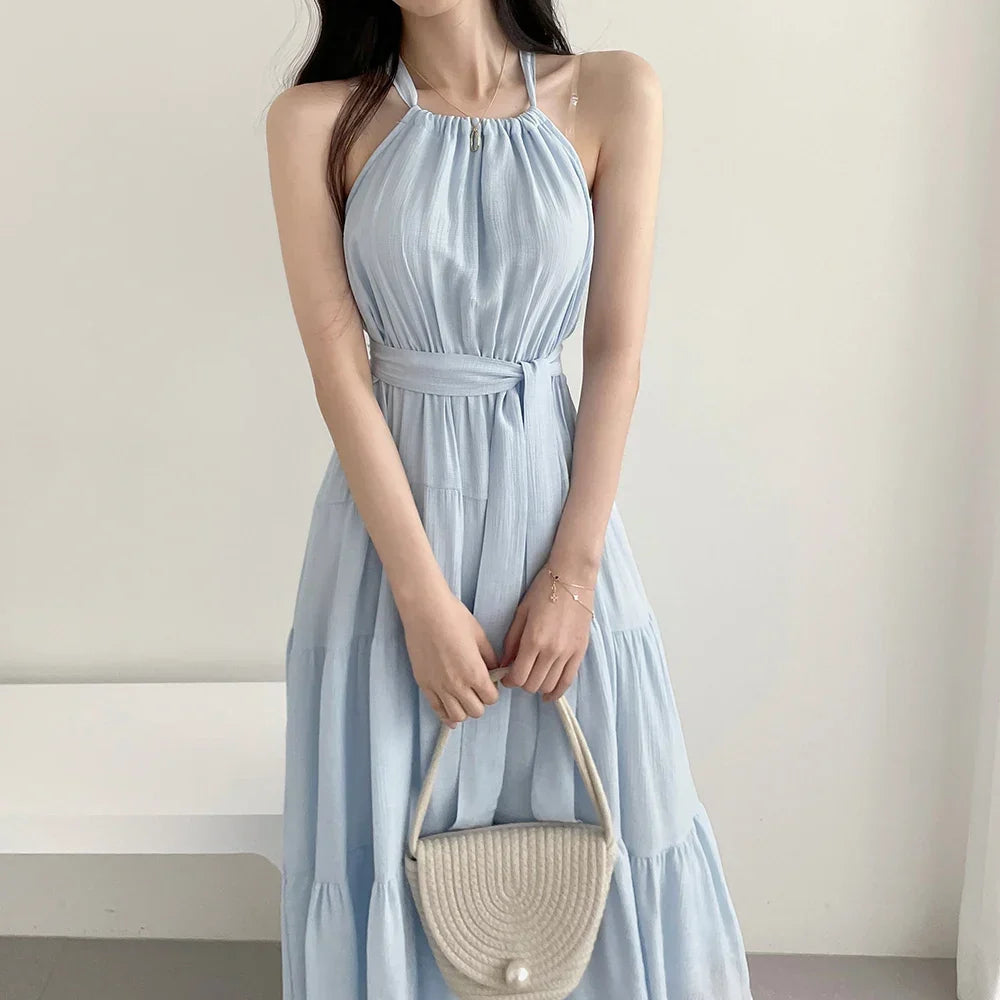 Korean Style Summer Slimming Necktie Waist Cinched Sleeveless Vest Long Dress Women's Fashionable Commute Style Inner Wear