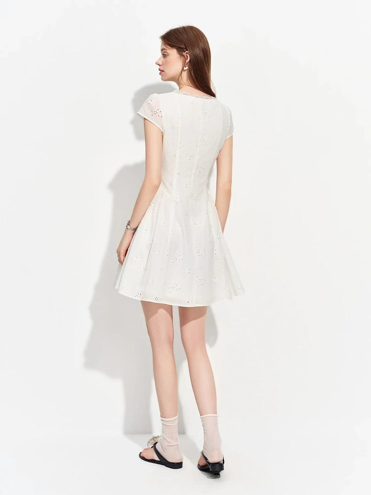 Women's 2026 Summer New Arrival French Pastoral Style V-Neck Lace Spliced Embroidered Dress Openwork Floral Plaid Pattern