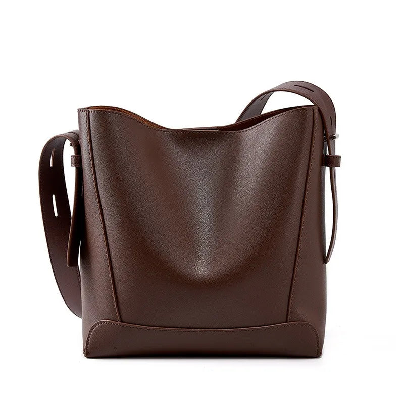 New 2026 TrendyTwo Layer Cow Leather Shopper Shoulder Bag Commuter Large Bucket Handbag Simple High Quality Women Tote Bag