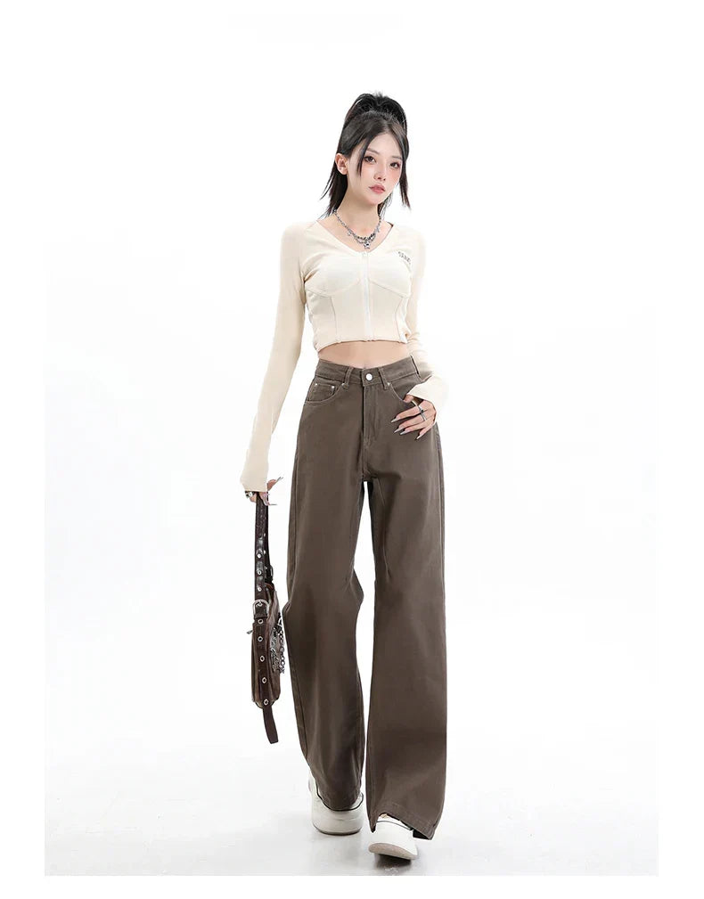 Baggy High Street Fashion Straight brown Jeans for Women's Y2k High Waist Female Clothing Solid Color Casual Wide Denim Trousers