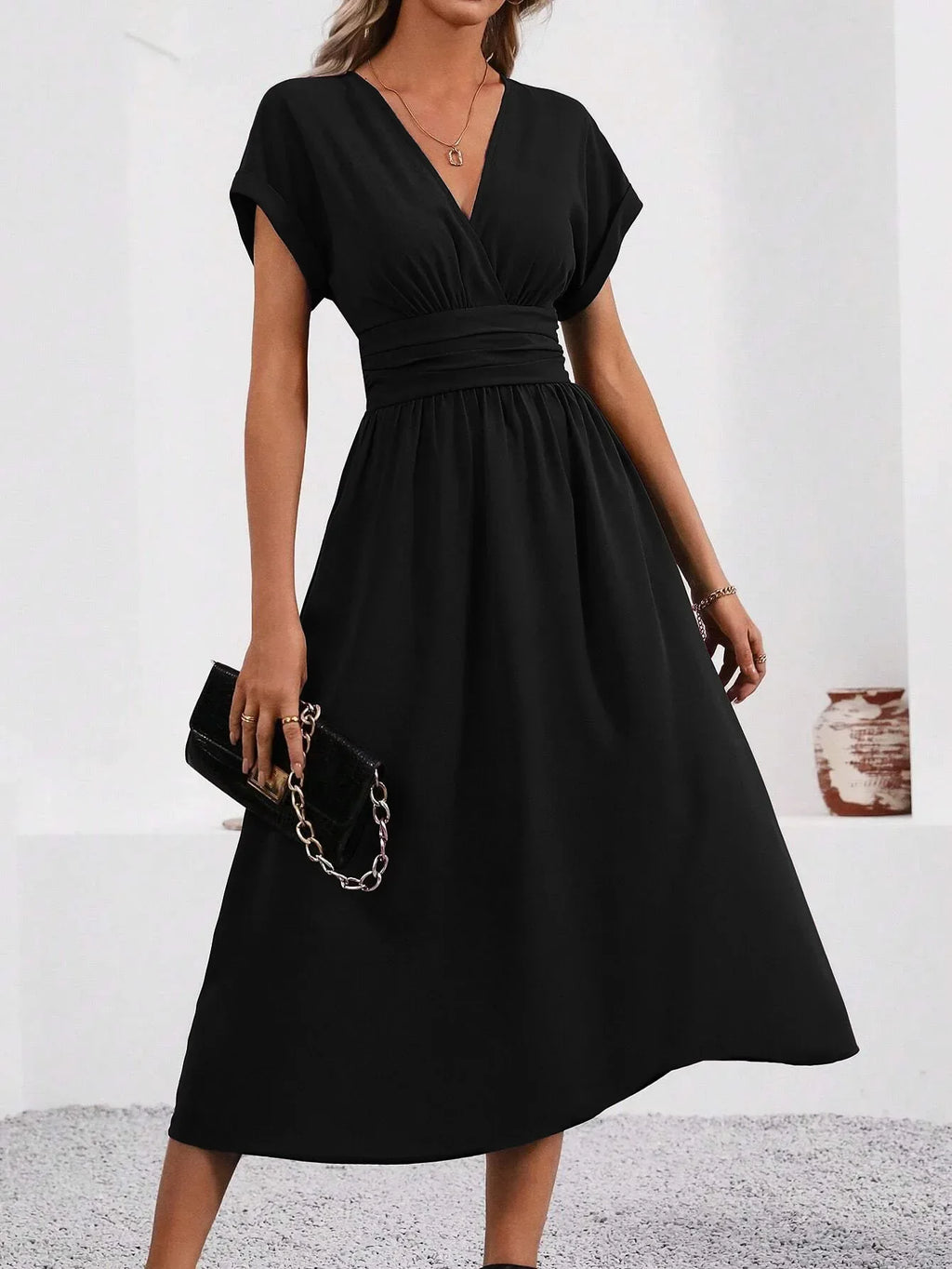 Dresses 2027 Woman Summer Solid-Color V-Neck Batwing-Sleeve Pleated Long Elegant Dress Woman Clothing Tops Skirts Y2k Clothes