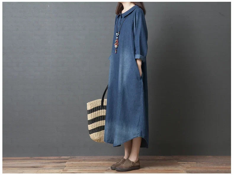 Women's Denim Dr Long Sve Loose Fit irt Sle Autumn Spring Faion plus Size Clothing Meat Concealing Slimming Skirt