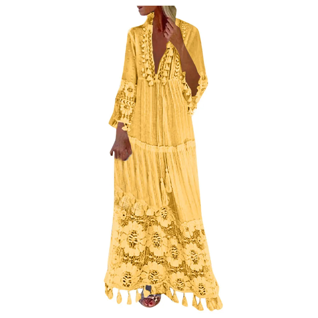Ladies Bohemian V-Neck Tassel Large Size Casual Dress Women Lace Solid Fashion Dress Elegant Robe Boho Holiday Long Dress
