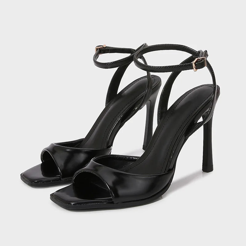 Black Patent Leather Ankle Strap Buckle Heeled Sandals Women Sexy Square Open Toe High Heels Summer Elegant Party Office Shoes
