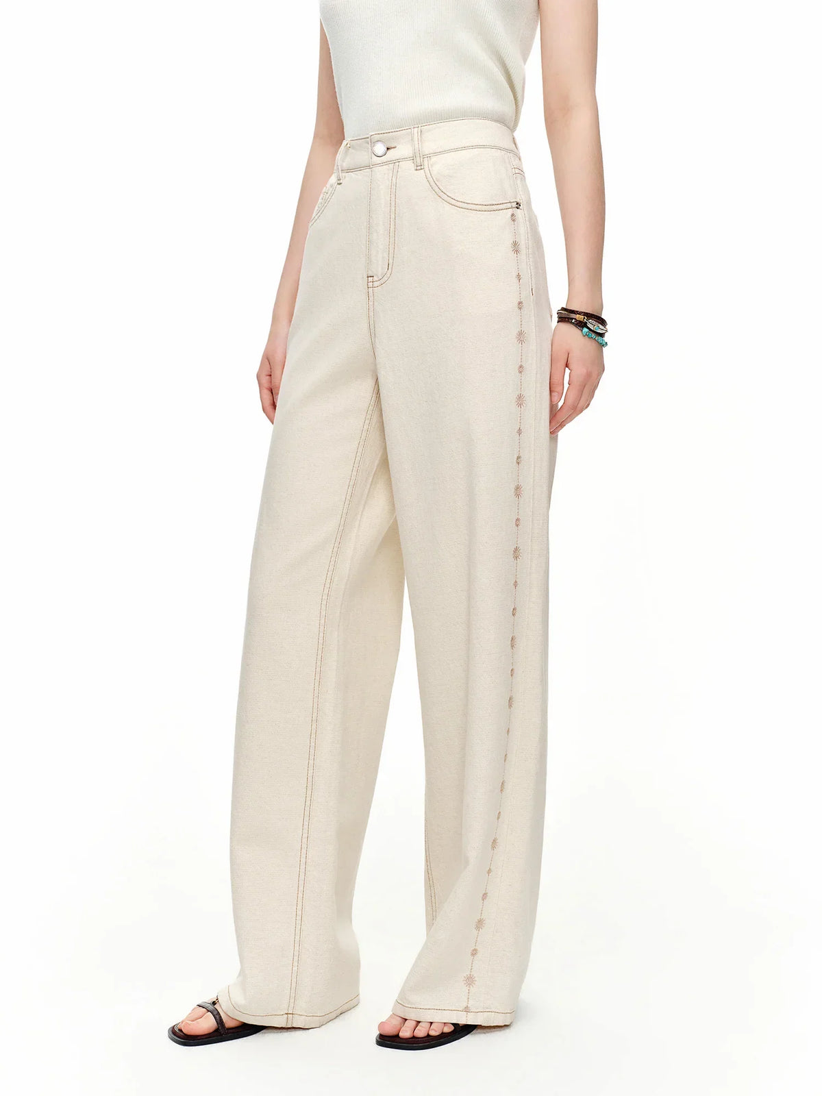 2024 Summer Women's White Linen Blend Embroidered Straight Leg Jeans - Elegant Casual Trousers for Daily and Summer Wear