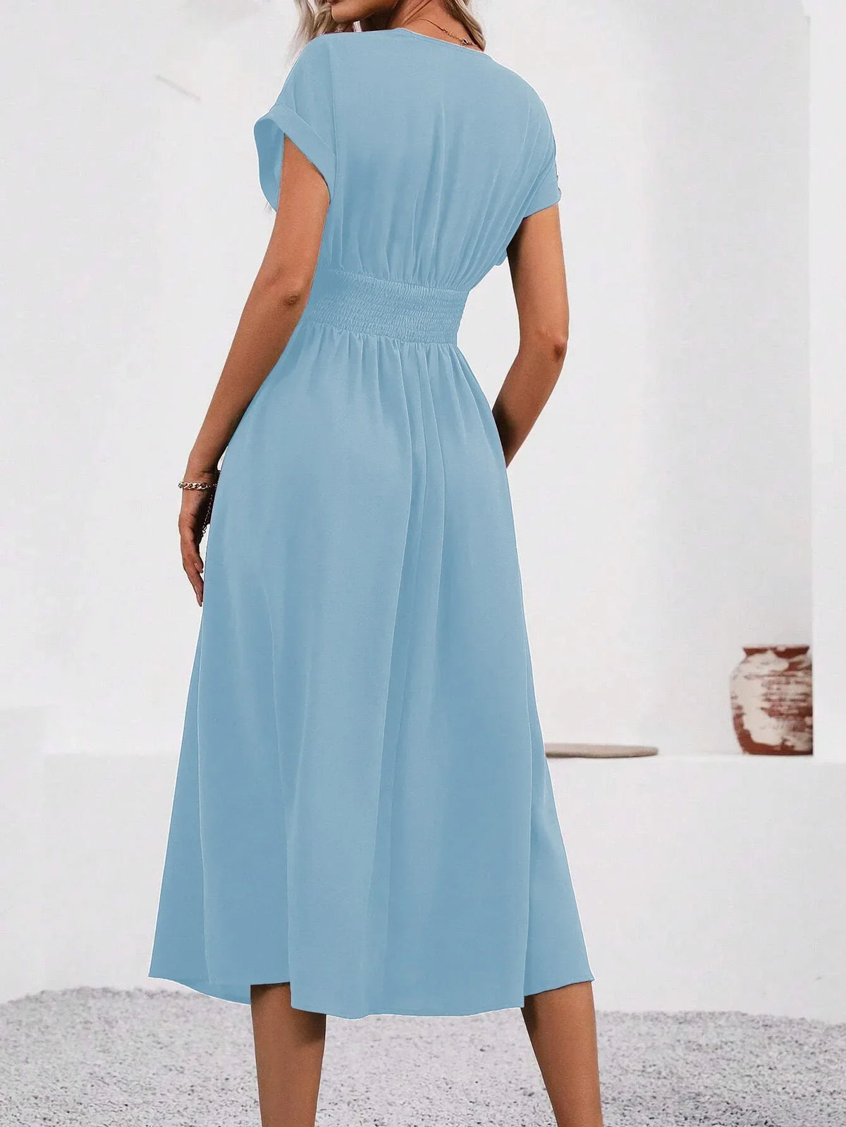 Dresses 2027 Woman Summer Solid-Color V-Neck Batwing-Sleeve Pleated Long Elegant Dress Woman Clothing Tops Skirts Y2k Clothes