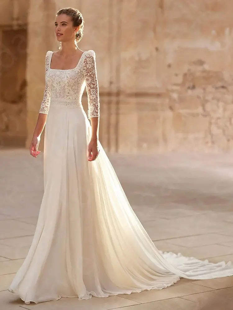 Customized Classic Wedding Dresses 2025 Lace Bridal Gowns Square Neckline Bride Dresses 3/4 Sleeves Wedding Gowns Cut Out Back