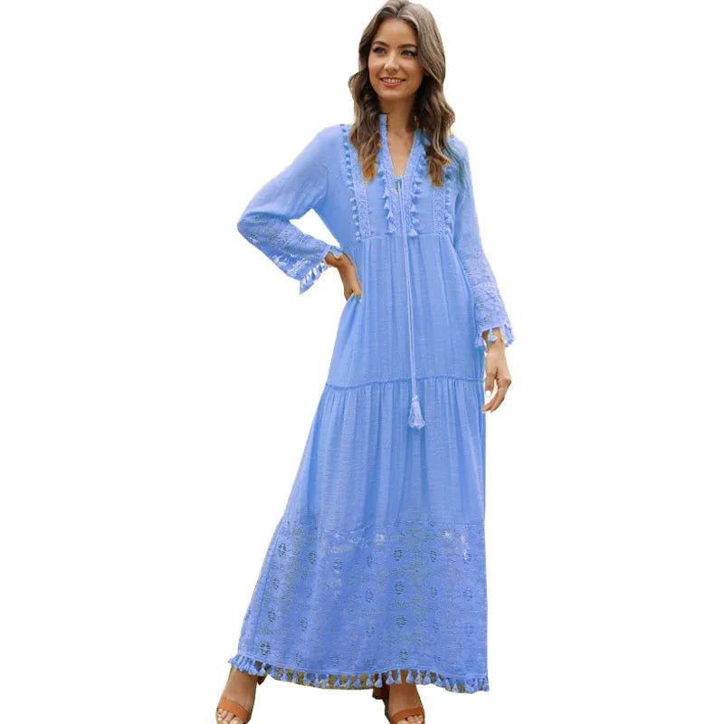 Ladies Bohemian V-Neck Tassel Large Size Casual Dress Women Lace Solid Fashion Dress Elegant Robe Boho Holiday Long Dress
