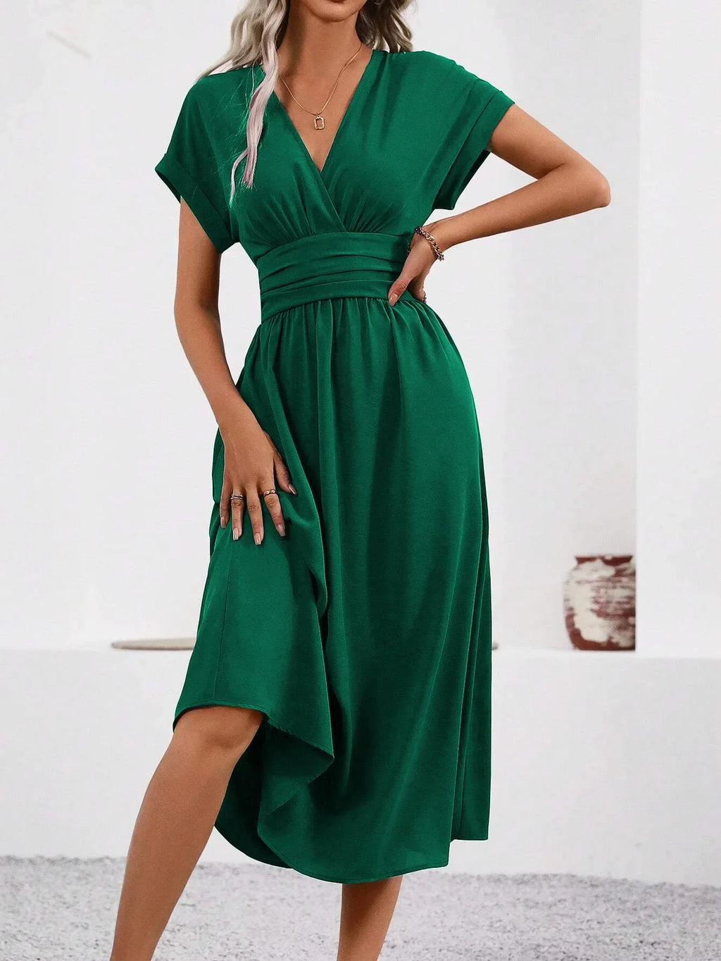 Dresses 2027 Woman Summer Solid-Color V-Neck Batwing-Sleeve Pleated Long Elegant Dress Woman Clothing Tops Skirts Y2k Clothes