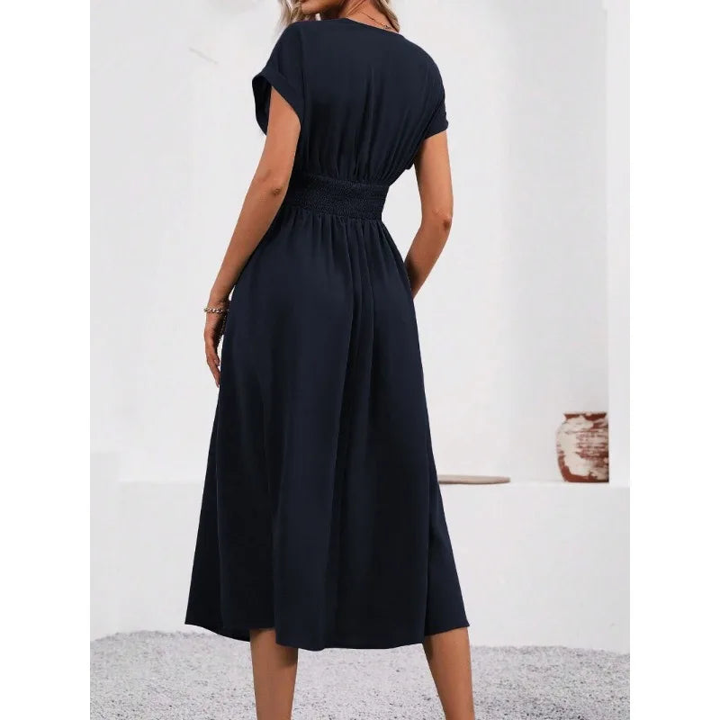Dresses 2027 Woman Summer Solid-Color V-Neck Batwing-Sleeve Pleated Long Elegant Dress Woman Clothing Tops Skirts Y2k Clothes