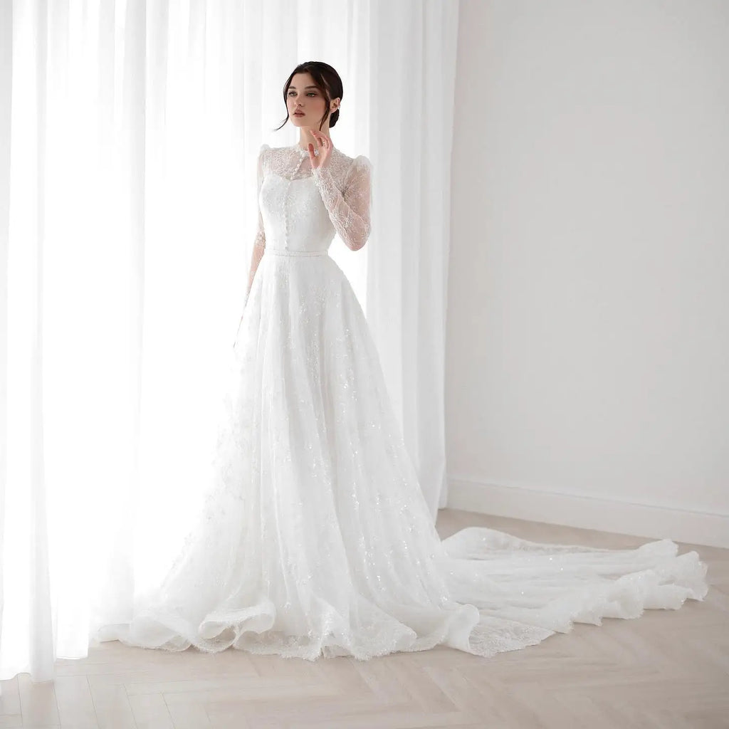Saudi Arab Wedding Dress Customized Long Sleeve Illusion Sequined Lace Court Train Bridal Gown Robe De Mariage Bride Dresses